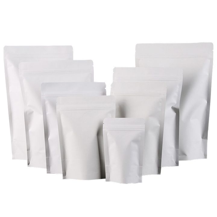 50Pcs/Lot White Kraft Paper Aluminum Foil Zip Lock Stand Up Bag Self Grip Seal Tear Notch Doypack Resealable Food Coffee Bean
