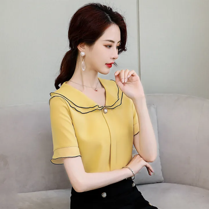 Summer%20New%20Women's%20Chiffon%20Shirt%20Women's%20Short%20Sleeve%20Col%20Claudine%20Top%20Elegant%20Korean%20Style%20Loose%20Undershirt%20-%20Image%203