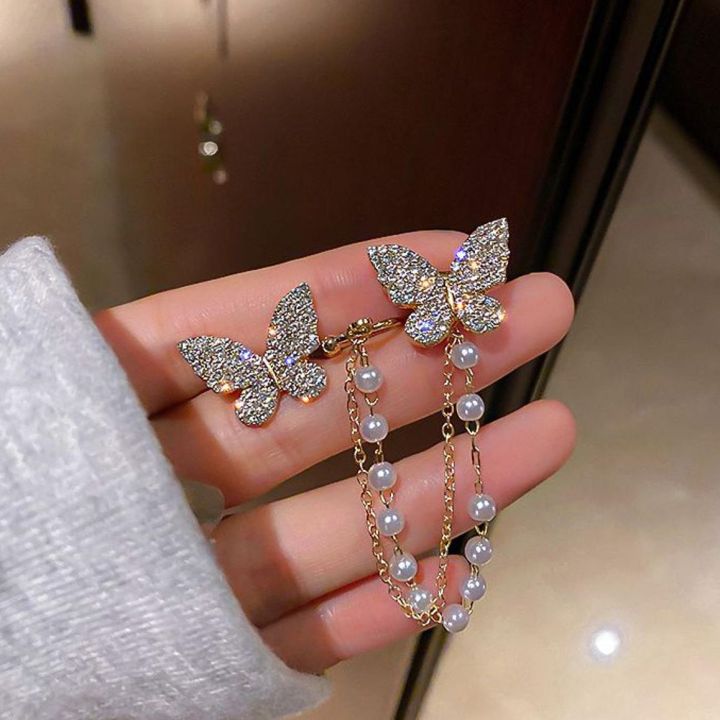 Korean Elegant Cute Trendy Fashionable Asymmetrical Rhinestone Butterfly  Ear Cuff Pearl Stud Earrings for Girls Simple Stylish Earring for Women 