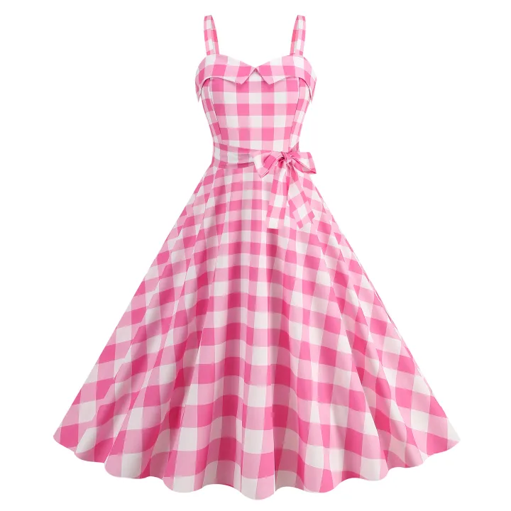Manufacturers%20supply%20a%20large%20number%20of%20spot%20Barbie%20powder%20suspender%20party%20casual%20polka%20dot%20plaid%20print%20dress%20-%20Image%204