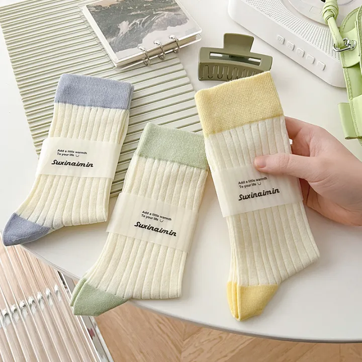 suxinaimin%20Spring%20and%20Summer%20New%20Socks%20Women's%20Japanese%20Style%20Mid-Calf%20High%20Length%20Cotton%20Socks%20Versatile%20Contrast%20Color%20Thin%20Bunching%20Socks%20-%20Image%203