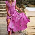 Women Vintagme Longm Boho Dress Summer Fashion Tassel V Neck Party Dress Casual Floral Print Loose Sleeveless Beach Dress. 