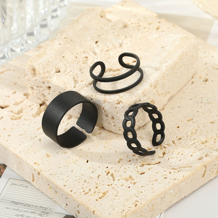 Women 3pcs Set Black Color Wide Rings Smooth Twisted Hollowed