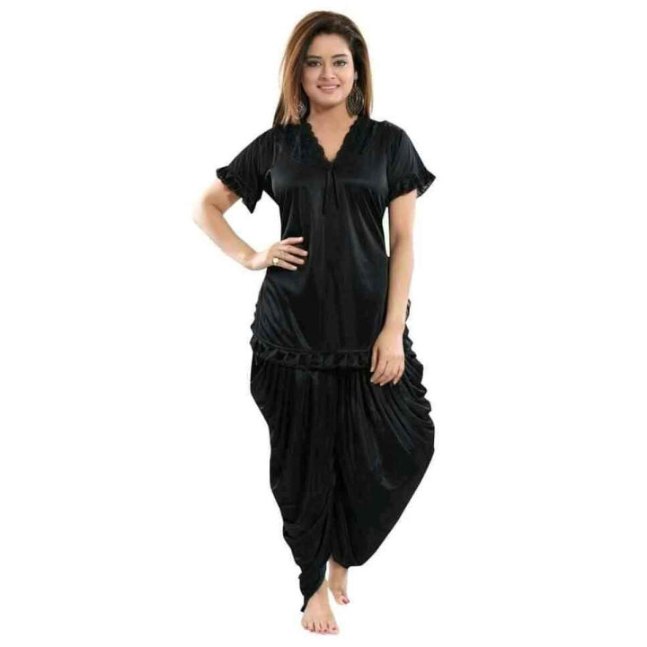 Two Part Satin Solid Dhoti Kurta Women Nighty Set Sleepware Dress