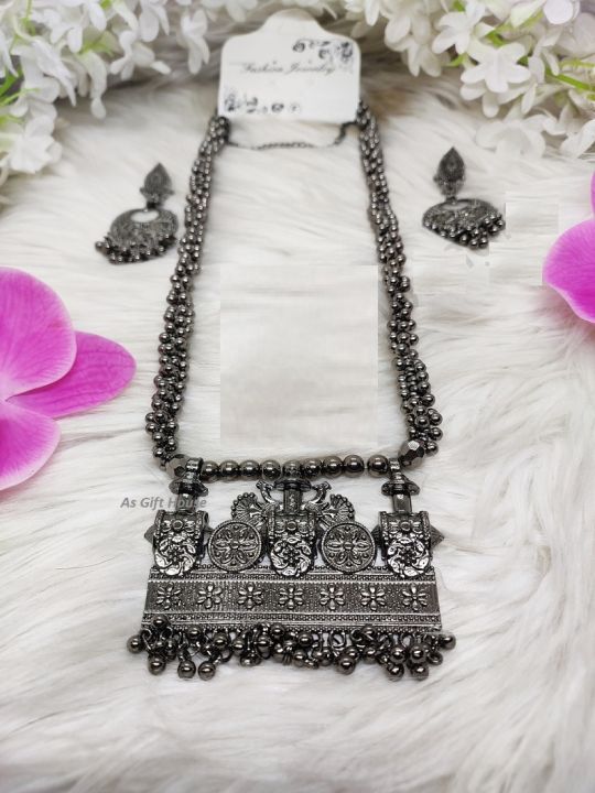 Indian Fashion Oxidised Silver Jewellery Looklike Black Choker Necklace Set  for Women Girls