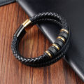 【Premium Quality】 Multilayer Hand Leather Bracelet Mens Vintage Jewelry Stainless Steel Magnetic Clasp Leather Bracelet Men. 