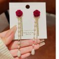 Flower Pearl Chain Tassel Stud Earrings For Women. 
