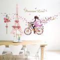 Romantic Paris Wall Sticker For Kids Rooms Eiffel Tower Flower Butterfly Fairy Girl Riding Wall Art Decal Home Decor Mural. 
