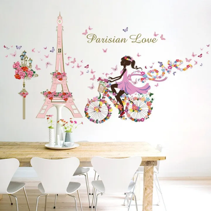 Romantic%20Paris%20Wall%20Sticker%20For%20Kids%20Rooms%20Eiffel%20Tower%20Flower%20Butterfly%20Fairy%20Girl%20Riding%20Wall%20Art%20Decal%20Home%20Decor%20Mural%20-%20Image%204