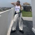 Gothic Harajuku Black Cargo Pants Women Chain Wide Leg Goth Hippie Streetwear White Trousers Loose Female Baggy Fashion Clothing.