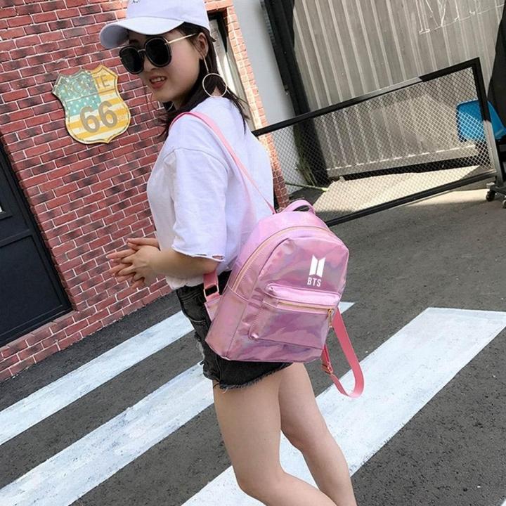 K-pop BTS Women Fashion Mini PU Leather Laser Bag School Backpack