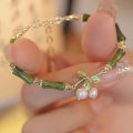 Fashion Light Luxury Retro Green Bamboo Joint Bracelet Women Romantic Imitation Pearl Pendant Bangle Jewelry Accessories Gifts Huiye. 