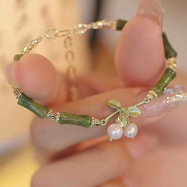 Fashion Light Luxury Retro Green Bamboo Joint Bracelet Women Romantic Imitation Pearl Pendant Bangle Jewelry Accessories Gifts Huiye