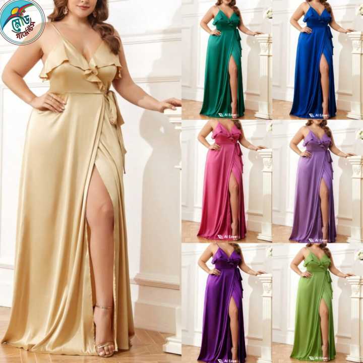 Plus Size Silk Occasion Dress in Rich Emerald with Wrap Silhouette and High Slit