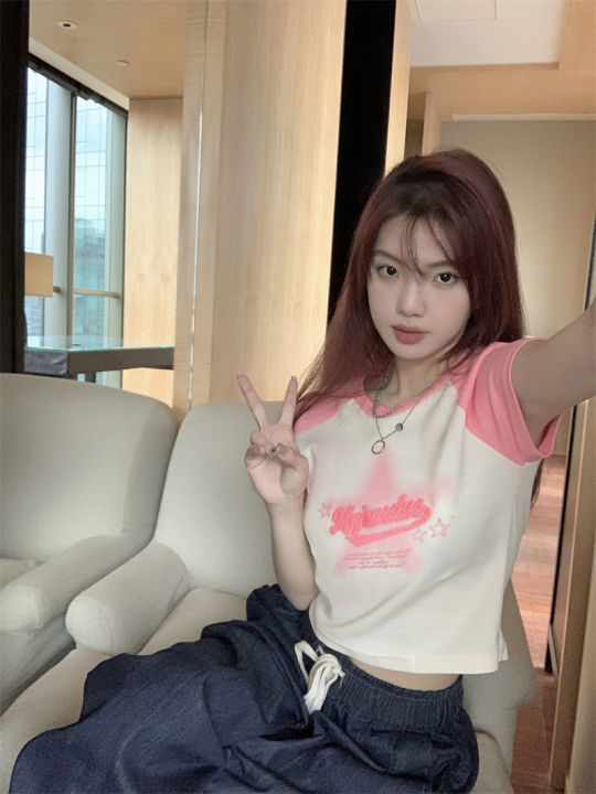 Pink%20chic%20Sweet%20Hot%20Girl%20Slimming%20and%20Tight%20Short%20Top%20Women's%20Summer%20French%20Minority%20Midriff-Baring%20Short%20Sleeve%20Shoulder%20T%20T-shirt%20-%20Image%205