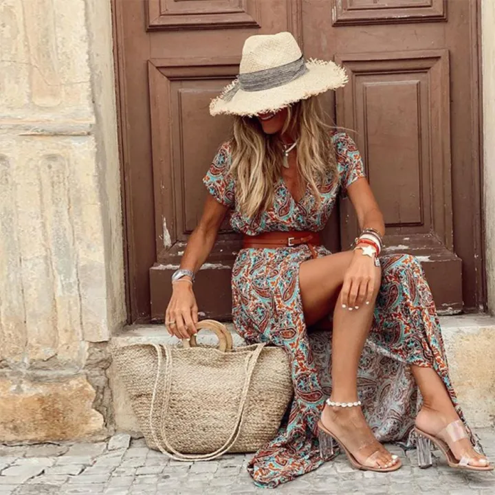 Fashion%20Boho%20Long%20Dress%20for%20Women%20V%20Neck%20Short%20Sleeve%20Paisley%20Print%20Belt%20Large%20Hem%20Beach%20Long%20Dress%20Elegant%20Women's%20Dress%20-%20Image%205