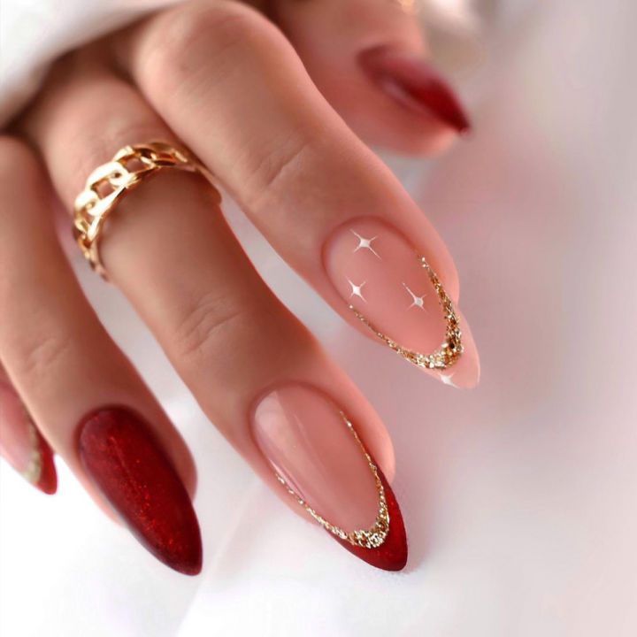 24pcs Glitter Red False Nails Gold Sequins Full Cover Almond Nails Manicure Set French Acrylic Nails Tips for Girl Women