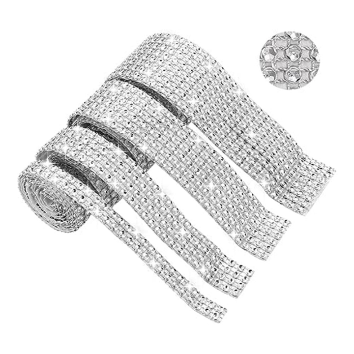 Rhinestone Ribbon,4 Rolls of Self-Adhesive Rhinestone Strips, Diamond Sparkle Crystal Rhinestone Tape for Crafts Art Car Durable Easy to Use