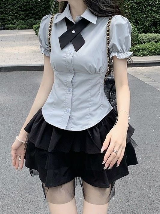 College%20Style%20Japanese%20SuitJKUniform%20Women's%20Waist-Tight%20Slimming%20Puff%20Sleeve%20Shirt%20Top%20High%20Waist%20Bubble%20Cake%20Dress%20-%20Image%203