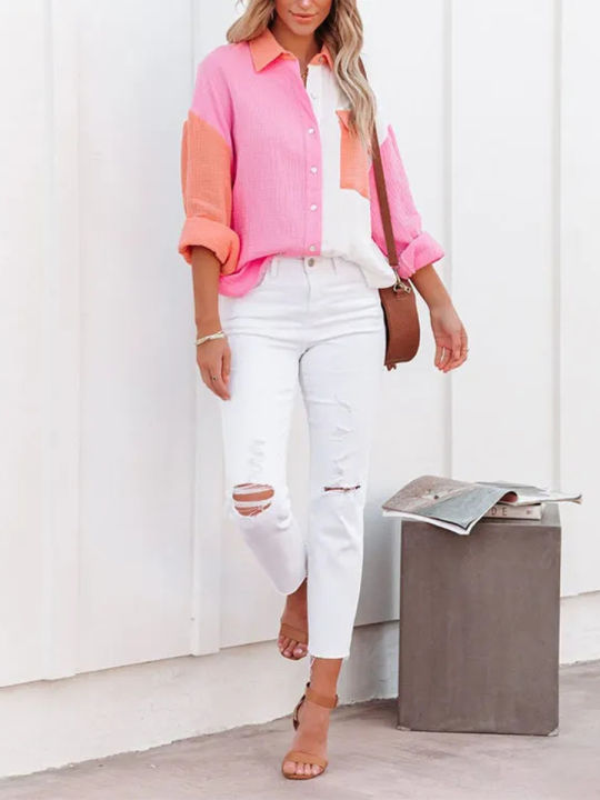Eligible%20Women's%20Blouse%20Contrast%20Color%20Stitching%20Long%20Sleeve%20Lapel%20Button%20Closure%20Loose%20Versatile%20Casual%20Shirt%20Tops%20-%20Image%204
