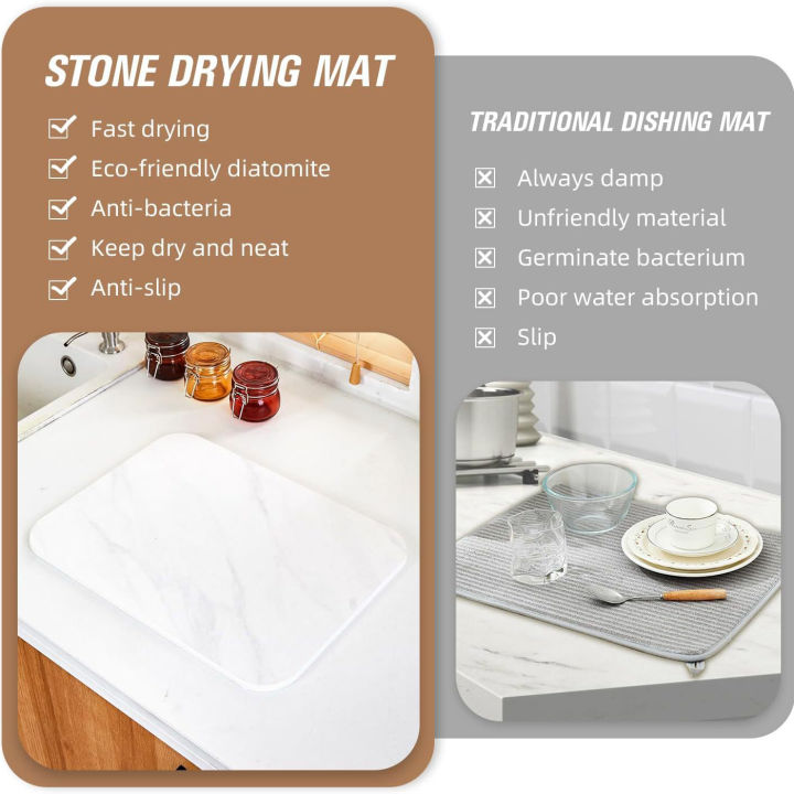 GC 2 Pack Stone Dish Drying Mat With 2 Non-Slip Pad And Draining Mat Diatomaceous Earth Mat, Fast Dry, Super Absorbent Dish Drying Pad For Kitchen Counter