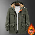 Autumn and Winter Cargo Pants Outdoor Leisure Jacket Men's Mid-Length Fleece-lined Multi-Pocket Hooded Jacket Men's Jacket. 
