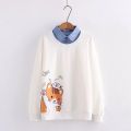 Cartoon Kitty Print Long Sleeve Pullover Top Women Sweatshirt.