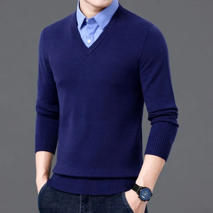 Shirt%20Collar%20Sweater%20Spring%20and%20Autumn%20Men's%20Business%20Casual%20Knitwear%20Pure%20Color%20All-Matching%20Dad%20Wear%20Cotton%20Knitwear%20Men's%20Clothing%20-%20Image%203