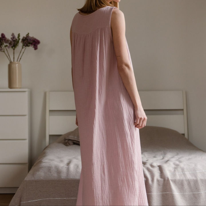 Women's%20Fashaionable%20Organic%20Cotton%20Dress%20Crepe%20Pink%20Sleeveless%20Extra%20Long%20Dress%20-%20Image%207
