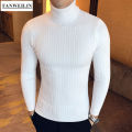 Casual Men Winter High Solid Color Sweater Turtleneck Brand Mens White Sweaters Slim Knitted Fit Pullover Twist Striped Knitwear. 