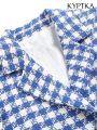 KYPTKA Women Fashion Tweed Cropped Blazer Coat Vintage Long Sleeve Front Button Female Outerwear Chic Vestes Femmes. 