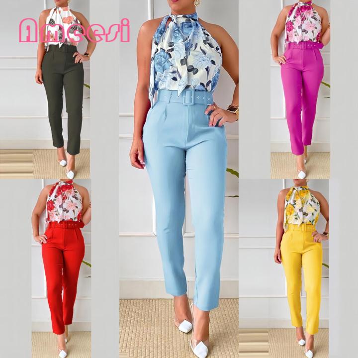 Ta Top Trousers Suit Bkless Tight Waist Ladies Summer Suit