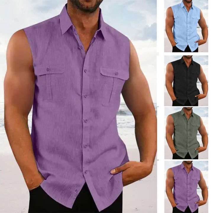 Leisure%20Men's%20Cotton%20Linen%20Tank%20Tops%202023%20Spring%20Summer%20Casual%20Solid%20Color%20Buttoned%20Lapel%20Sleeveless%20Vest%20Shirt%20Fashion%20Camisole%20-%20Image%206