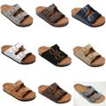 Men Arizona Style Sandals Women Casual Shoes Ladies Two Buckles Summer Beach Leather Flip Flops Wood Sole Slides With Shoes Box. 