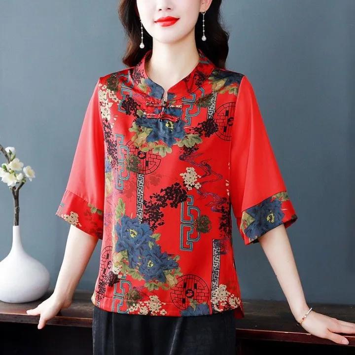 New%20Chinese%20Style%20Chinese%20Knot%20Button%20Shirt%20Women's%20Short-Sleeved%20Summer%20round%20Neck%20Mom's%20Shirt%20Xiang%20Yun%20Printed%20Tang%20Suit%20Upper%20Clothes%20Fashion%20-%20Image%203