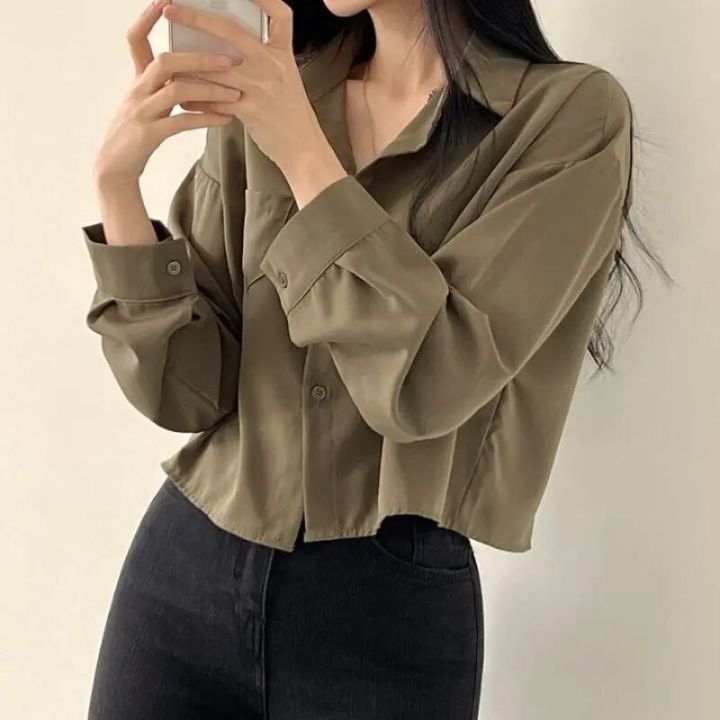 Vintage%20Shirts%20Women%20Chic%20Korean%20Fashion%20Simple%20All-match%20Long%20Sleeve%20Office%20Lady%20Tops%20Clothing%20Summer%20Sun-proof%20Elegant%20Cropped%20-%20Image%204