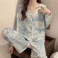 Pajamas Women's Cardigan V-Neck New Spring and Autumn Waffle Long Sleeve Ins Style Cute Ladies Kimono Loungewear Set. 
