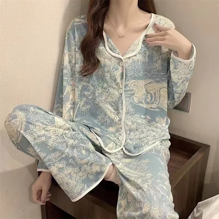 Pajamas%20Women's%20Cardigan%20V-Neck%20New%20Spring%20and%20Autumn%20Waffle%20Long%20Sleeve%20Ins%20Style%20Cute%20Ladies%20Kimono%20Loungewear%20Set%20-%20Image%206