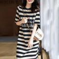 Striped Print Short Sleeve Midi Dress Summer Aesthetic Clothes Korean Fashion Casual Harajuku Dresses for Women 2023 Vestidos. 