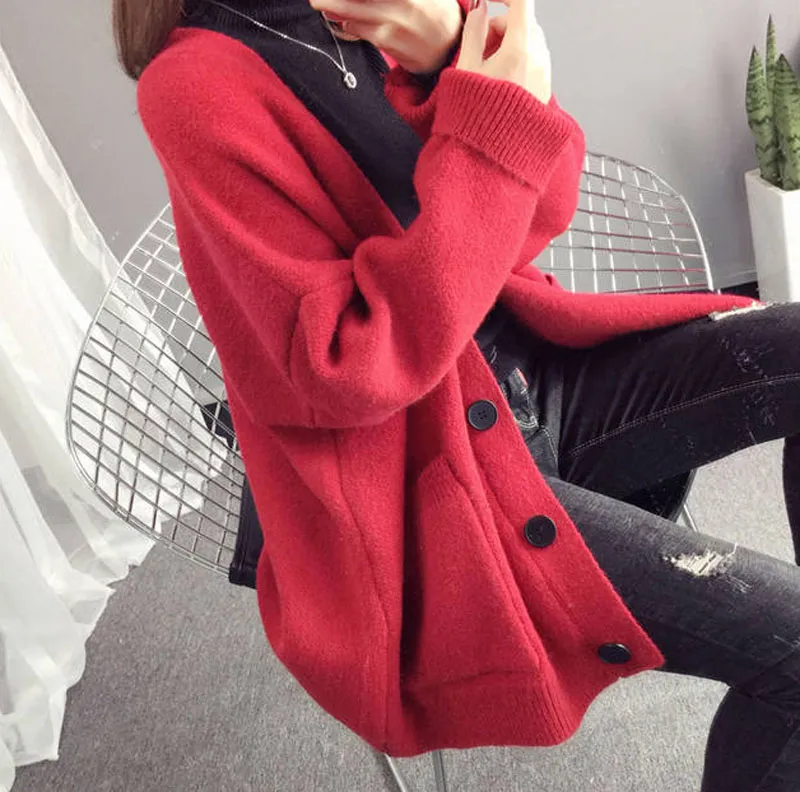 2019 Spring Knitted Women Sweater Cardigan Beige Khaki Red Blue