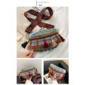 Women Folk Style Waist Bag with Adjustable Strap, Variegated Color Fanny Pack with Fringe Decor, Khaki/ Blue/ Yellow. 