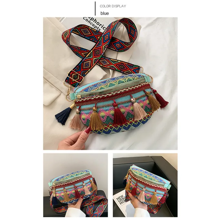 Women%20Folk%20Style%20Waist%20Bag%20with%20Adjustable%20Strap,%20Variegated%20Color%20Fanny%20Pack%20with%20Fringe%20Decor,%20Khaki/%20Blue/%20Yellow%20-%20Image%204