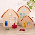 3 Pieces Wood House Centerpiece House Decor Building Blocks Set, Montessori Stacking Toy Ornament, Wooden Sign Block for Ages 4 to 8 Preschool.