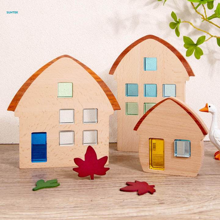3 Pieces Wood House Centerpiece House Decor Building Blocks Set, Montessori Stacking Toy Ornament, Wooden Sign Block for Ages 4 to 8 Preschool