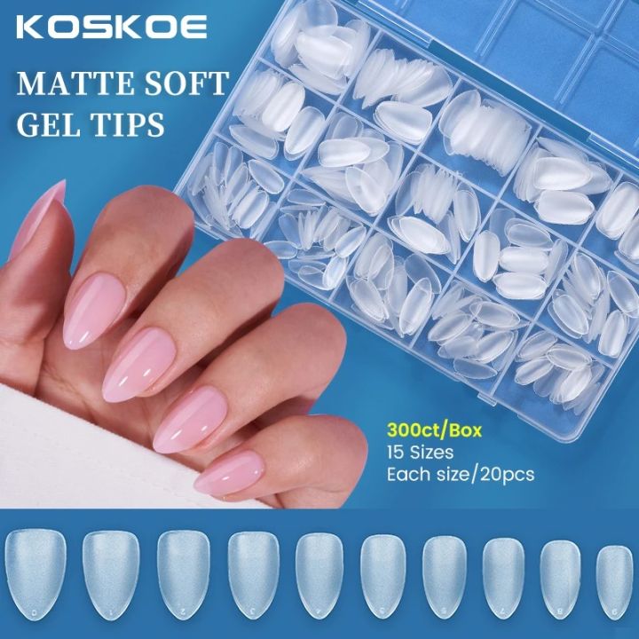 KOSKOE 300pcs Matte Soft Gel Tips Press on False Nails Nails Full Cover Short Almond Oval Coffin Square For Nail Extension