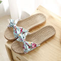 Women Summer Casual Slides Comfortable Flax Slippers Striped Bow Linen Flip Flops Platform Sandals Ladies Indoor Shoes. 