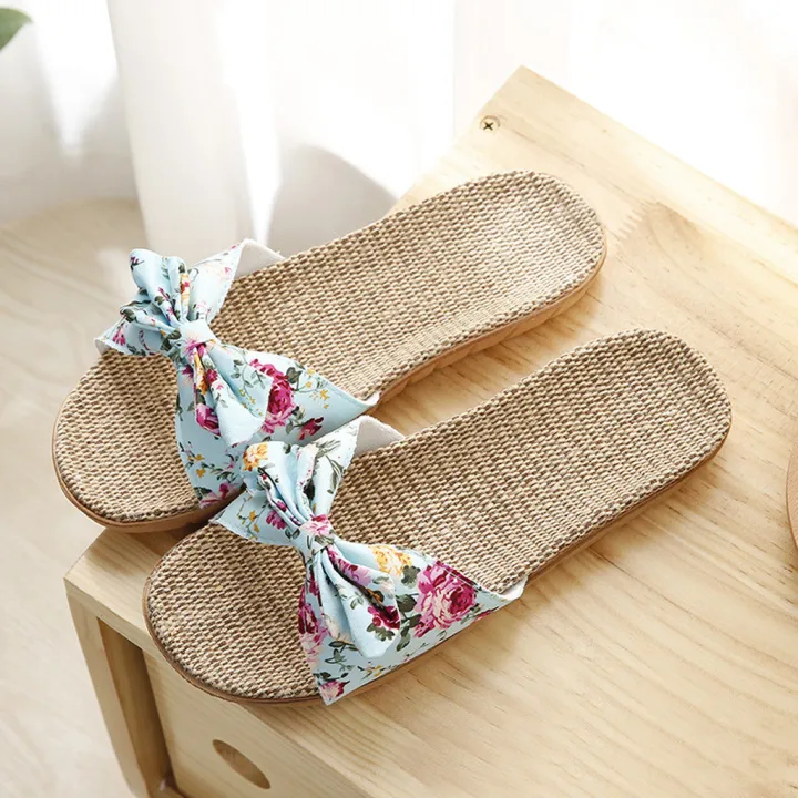 Women%20Summer%20Casual%20Slides%20Comfortable%20Flax%20Slippers%20Striped%20Bow%20Linen%20Flip%20Flops%20Platform%20Sandals%20Ladies%20Indoor%20Shoes%20-%20Image%203