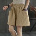 Women's Cotton High Waist Casual Shorts2022Summer Thin New Artistic Pure Color Slimming Versatile Pocket Wide Leg Pants.