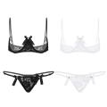 Women Open Cup Bra Top Cupless Exposed Underwired Bra wcheerfulith G-string See Through Sheer Lace Exotic Lingerie Set. 