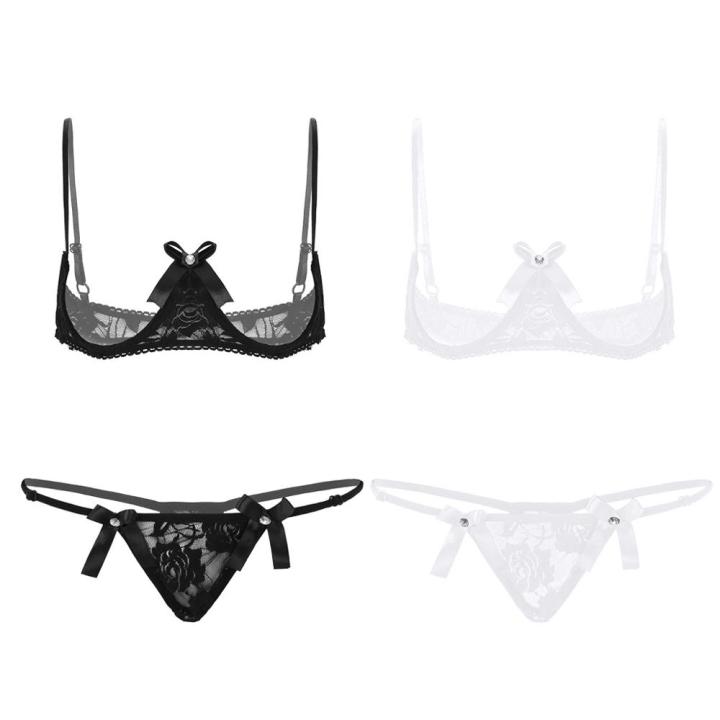 Women%20Open%20Cup%20Bra%20Top%20Cupless%20Exposed%20Underwired%20Bra%20wcheerfulith%20G-string%20See%20Through%20Sheer%20Lace%20Exotic%20Lingerie%20Set%20-%20Image%202